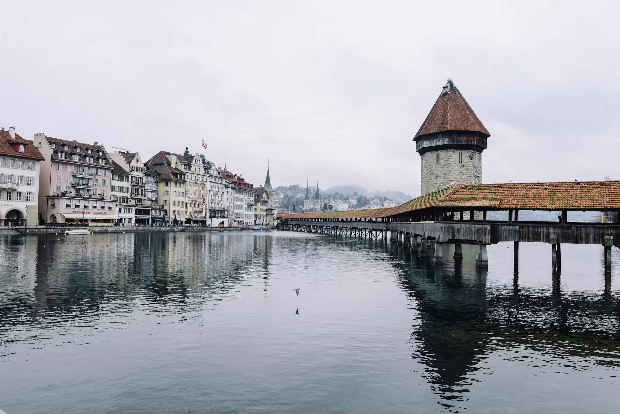Kapellbrücke and the lakeside, Lucerne — photo by Lin Mei
